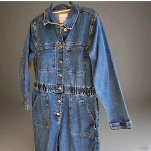 Celebrity Pink Denim Jumpsuit XL Short Sleeve Button Front Blue Pockets Collared